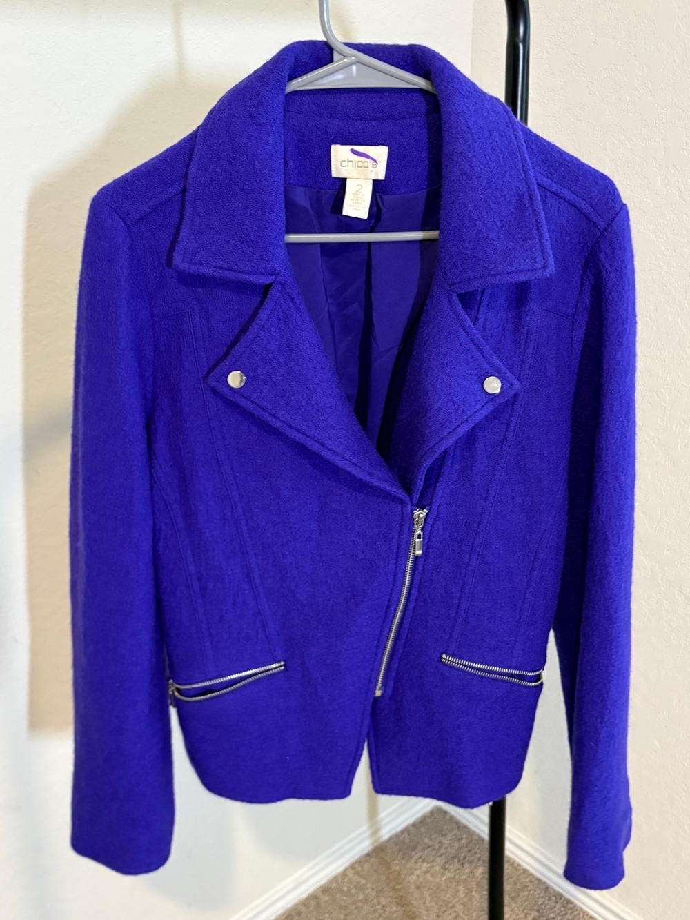 Chico's Vibrant Royal Blue Wool-Blend Moto Jacket